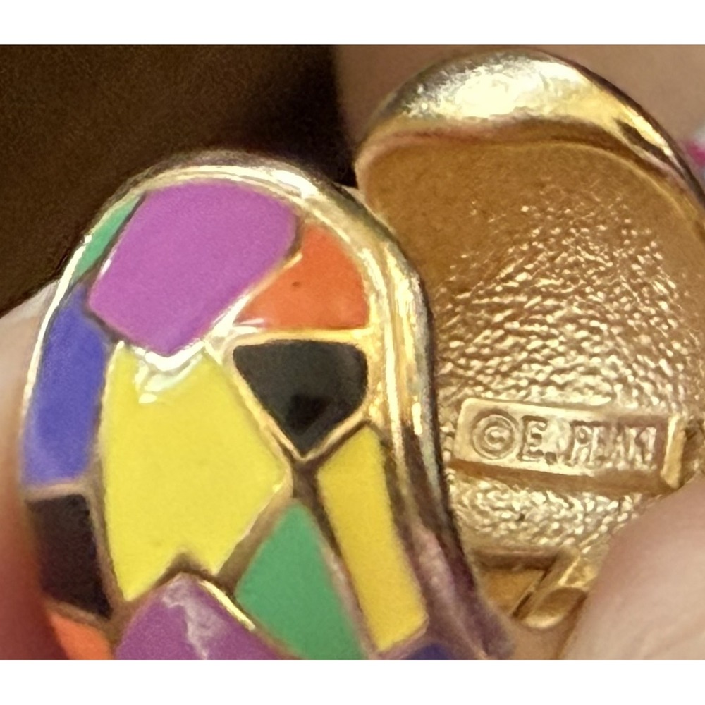 Erwin Pearl Vintage 80s Mosaic Enamel Huggie Hoop Earrings Gold Tone Multi Color - Picture 5 of 10